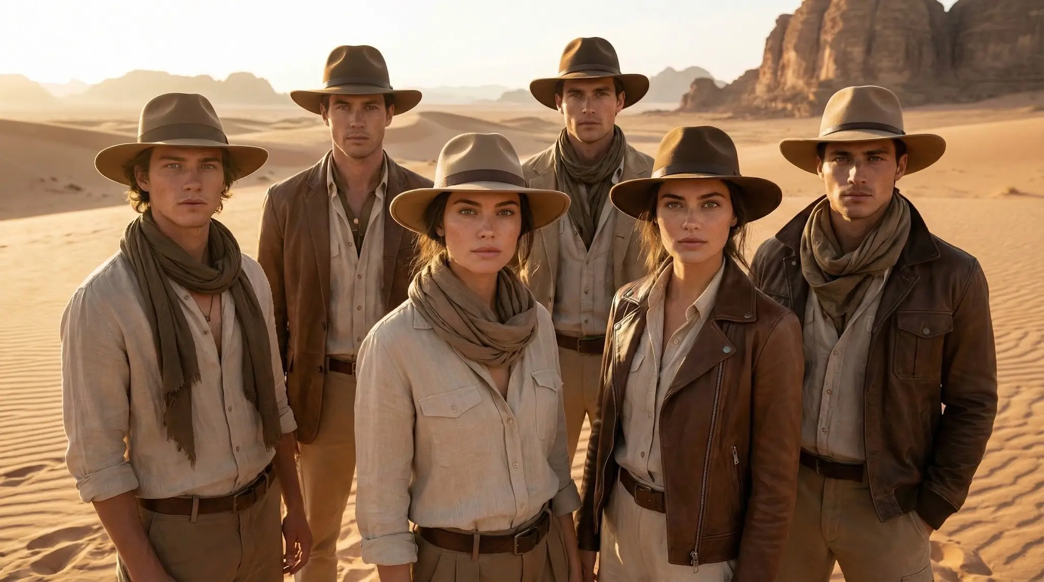 Same Faces in Fashion People in a desert with consistent faces across AI generated images