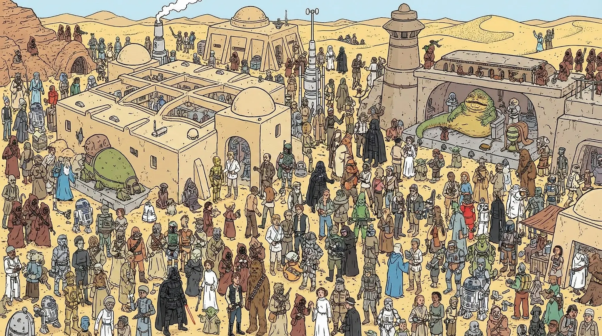 Crowd of Characters A crowded Star Wars scene like Where's Waldo generated by AI