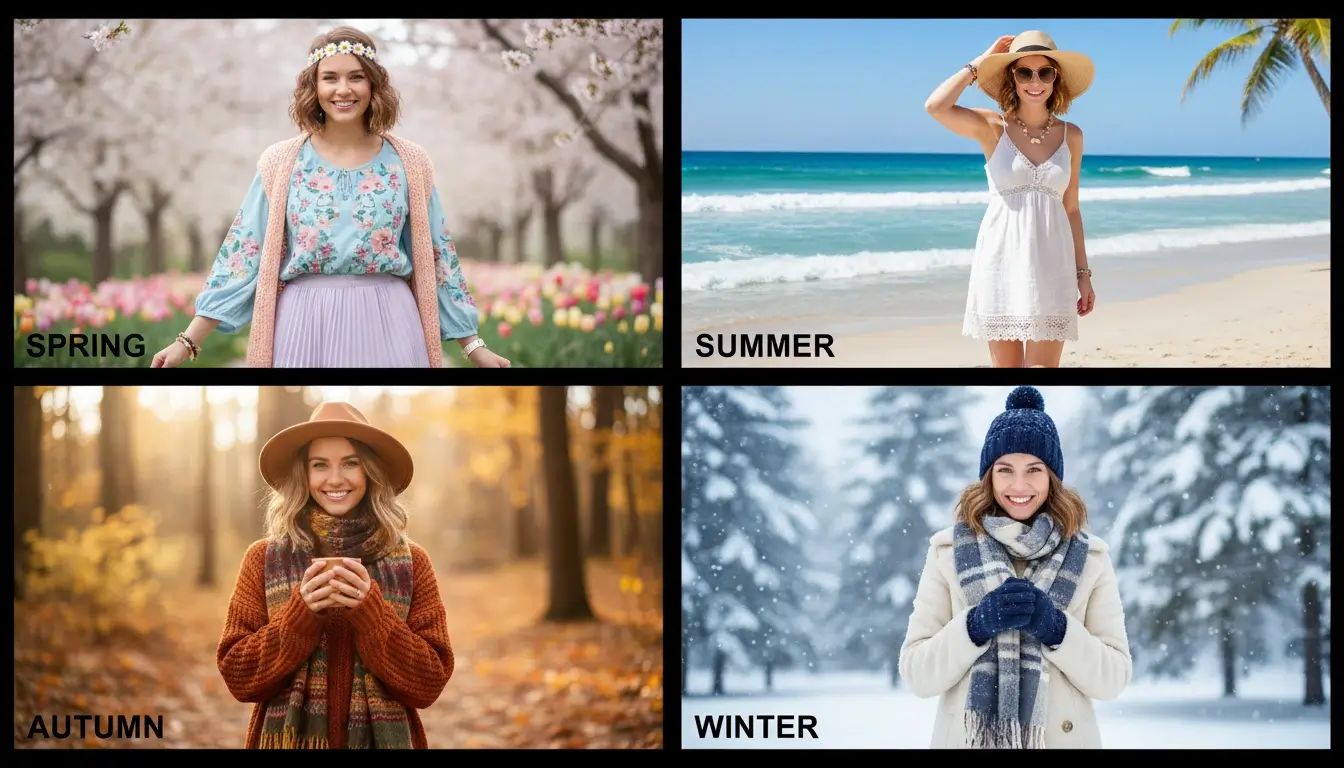 Character Consistency Example Four-panel collage showing a person in four different seasons, demonstrating character consistency.