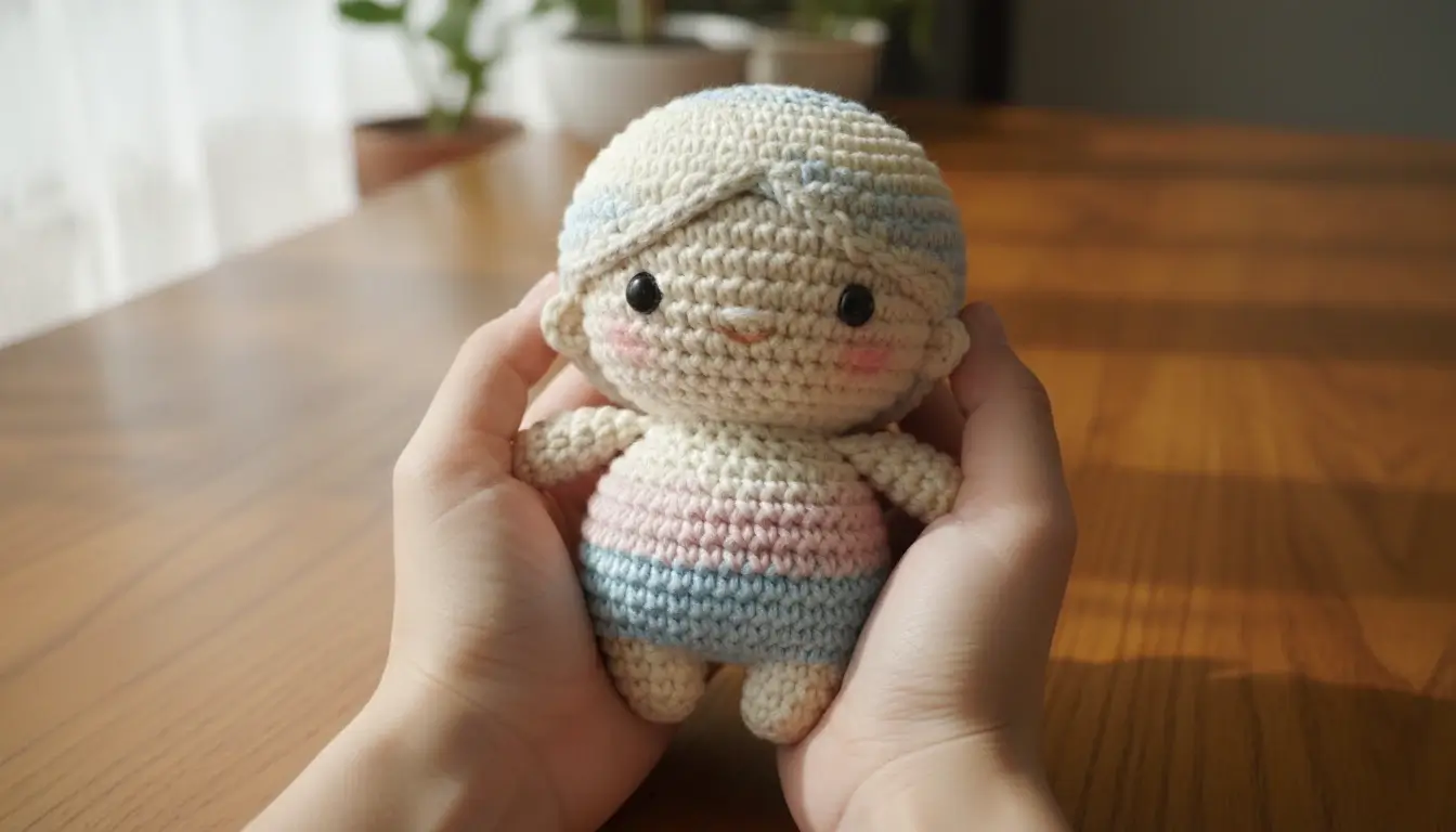 Knitted Doll Example A hand-crocheted yarn doll with chibi character design.