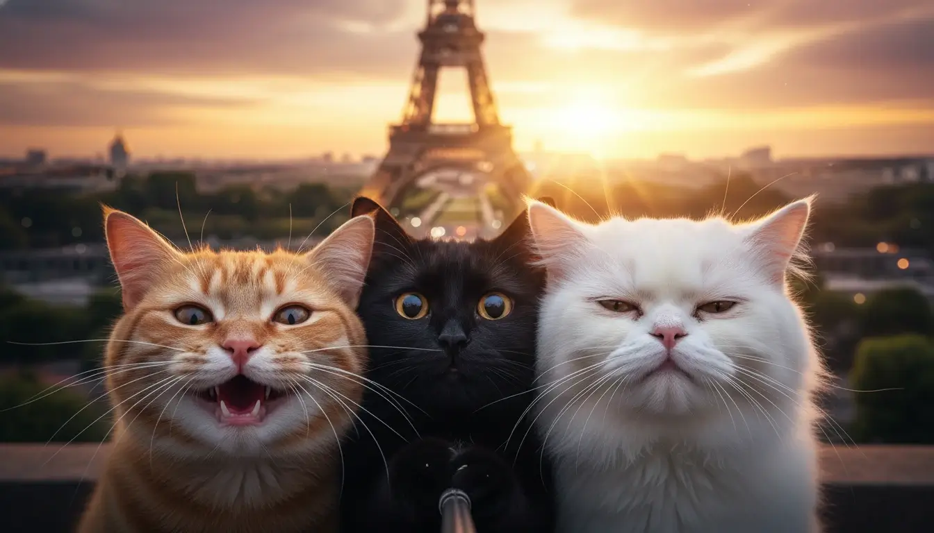 Cat Selfie Example Three cats taking a selfie at the Eiffel Tower.