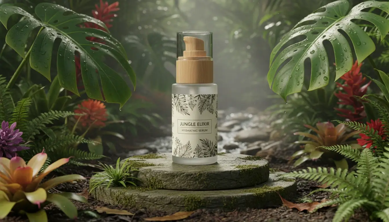Product Mockups A product mockup showing a cosmetic bottle in a jungle setting.