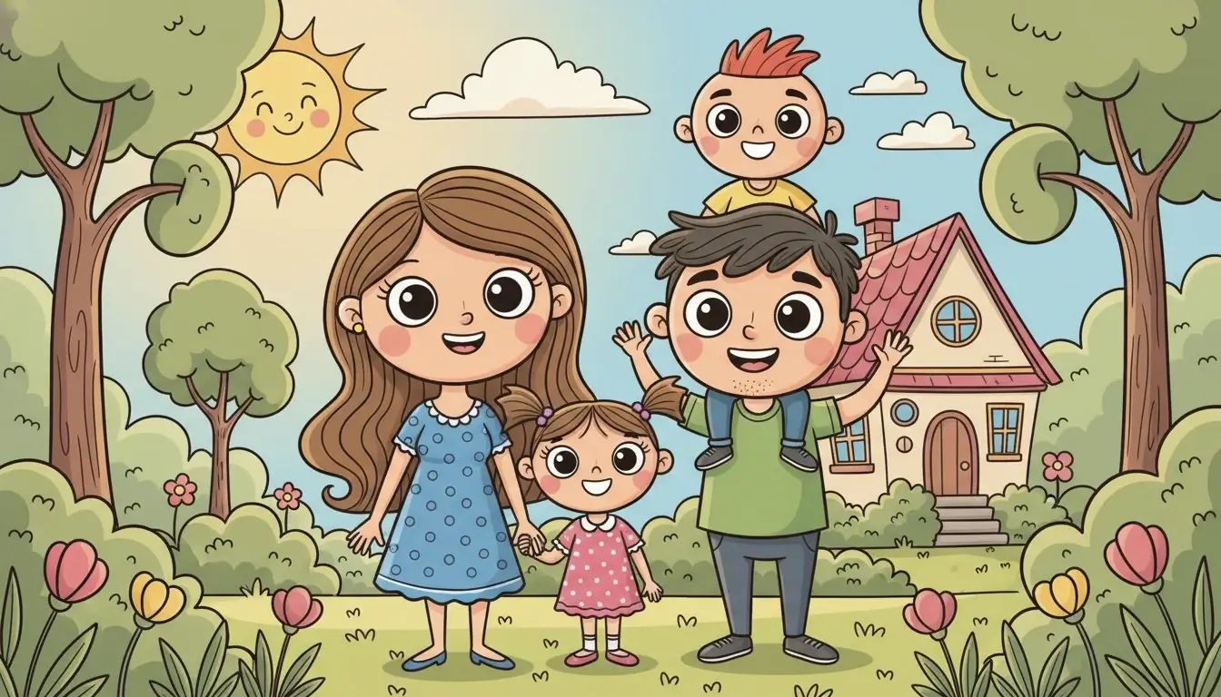 Personalized Art A family portrait transformed into a cartoon-style illustration.